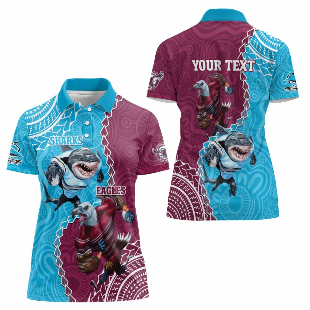 Personalised Eagles And Sharks Rugby Women Polo Shirt Aboriginal Mix Polynesian Pattern