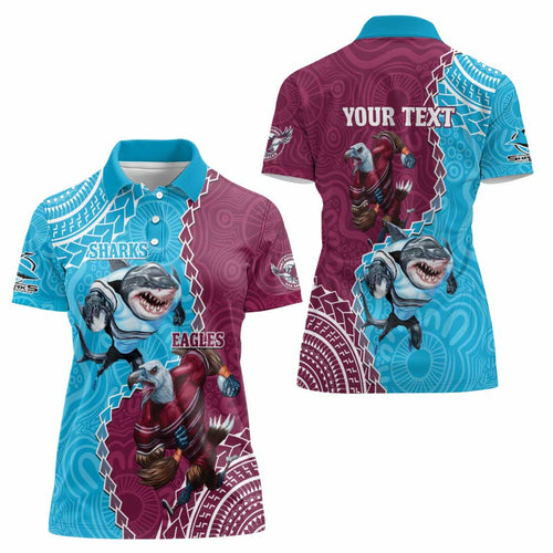 Personalised Eagles And Sharks Rugby Women Polo Shirt Aboriginal Mix Polynesian Pattern