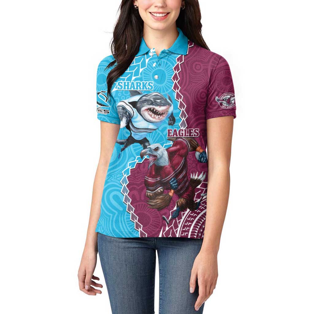 Personalised Eagles And Sharks Rugby Women Polo Shirt Aboriginal Mix Polynesian Pattern