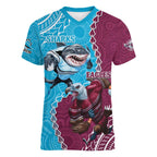 Personalised Eagles And Sharks Rugby Women V-Neck T-Shirt Aboriginal Mix Polynesian Pattern