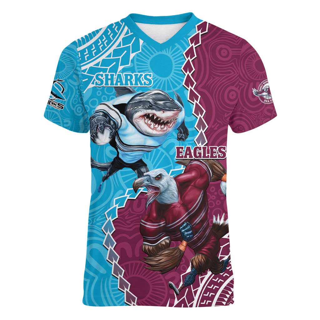Personalised Eagles And Sharks Rugby Women V-Neck T-Shirt Aboriginal Mix Polynesian Pattern