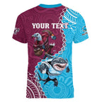 Personalised Eagles And Sharks Rugby Women V-Neck T-Shirt Aboriginal Mix Polynesian Pattern