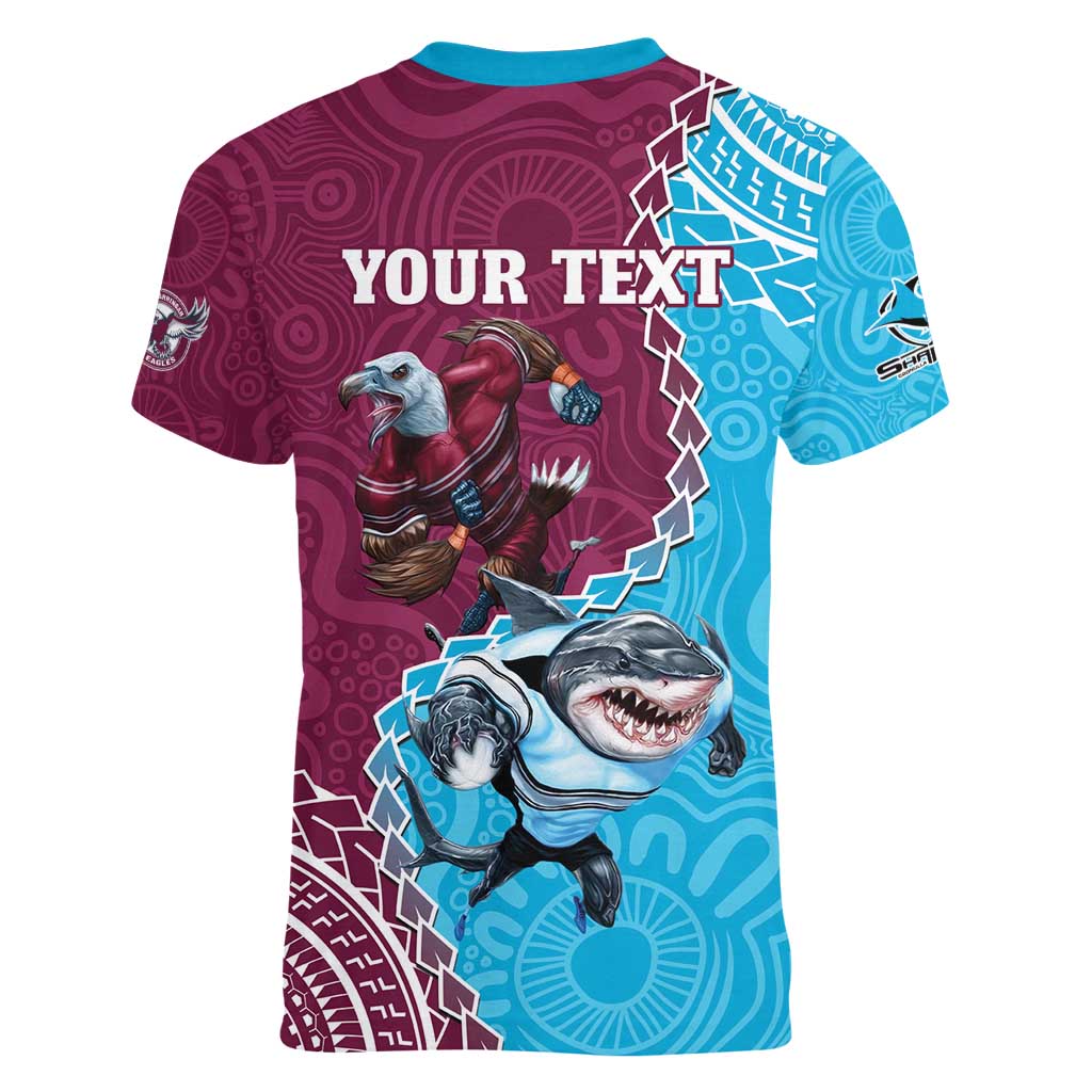 Personalised Eagles And Sharks Rugby Women V-Neck T-Shirt Aboriginal Mix Polynesian Pattern