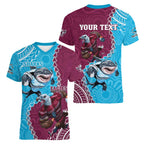 Personalised Eagles And Sharks Rugby Women V-Neck T-Shirt Aboriginal Mix Polynesian Pattern
