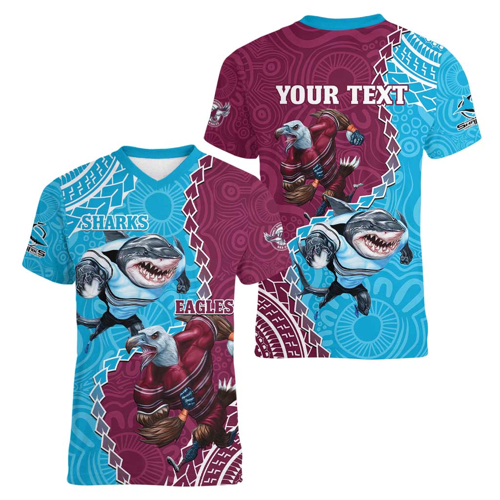 Personalised Eagles And Sharks Rugby Women V-Neck T-Shirt Aboriginal Mix Polynesian Pattern