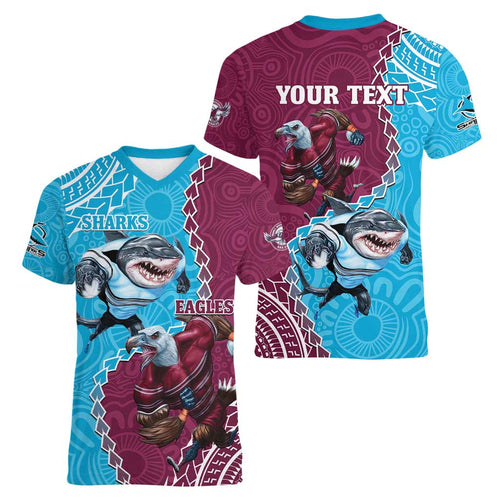Personalised Eagles And Sharks Rugby Women V-Neck T-Shirt Aboriginal Mix Polynesian Pattern