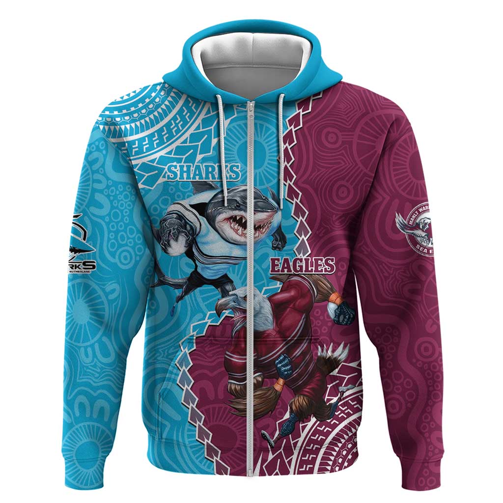 Personalised Eagles And Sharks Rugby Zip Hoodie Aboriginal Mix Polynesian Pattern