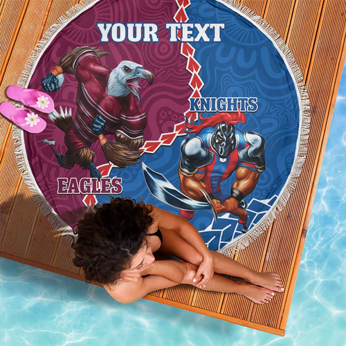 Personalised Eagles And Knights Rugby Beach Blanket Aboriginal Mix Polynesian Pattern
