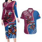 Personalised Eagles And Knights Rugby Couples Matching Long Sleeve Bodycon Dress and Hawaiian Shirt Aboriginal Mix Polynesian Pattern