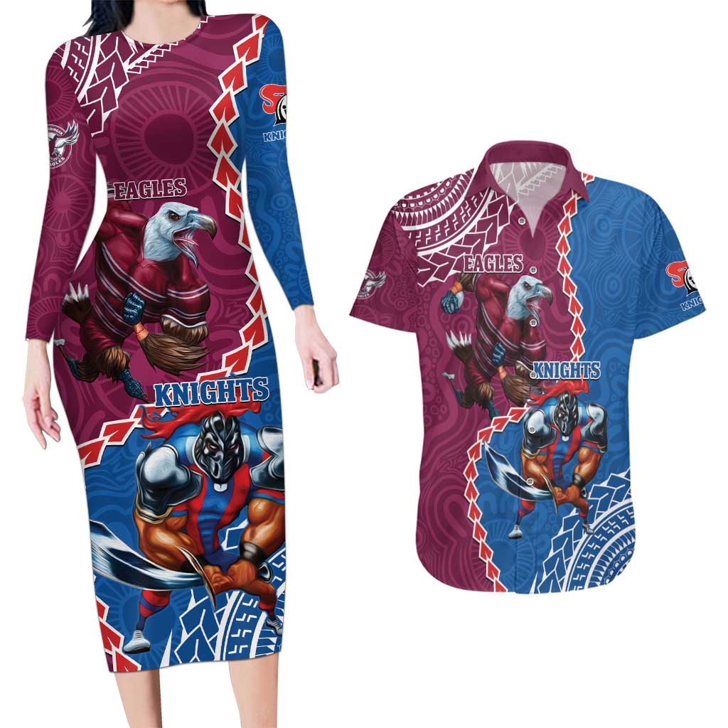 Personalised Eagles And Knights Rugby Couples Matching Long Sleeve Bodycon Dress and Hawaiian Shirt Aboriginal Mix Polynesian Pattern