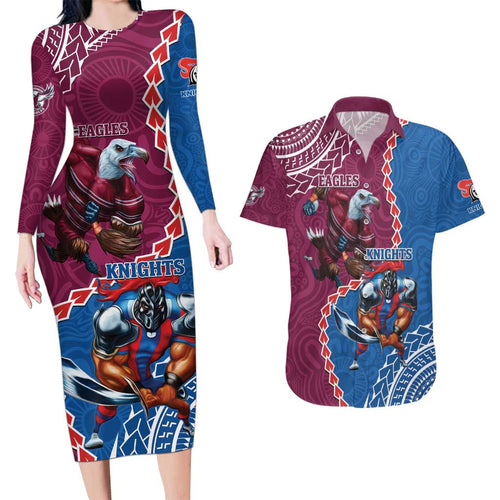 Personalised Eagles And Knights Rugby Couples Matching Long Sleeve Bodycon Dress and Hawaiian Shirt Aboriginal Mix Polynesian Pattern