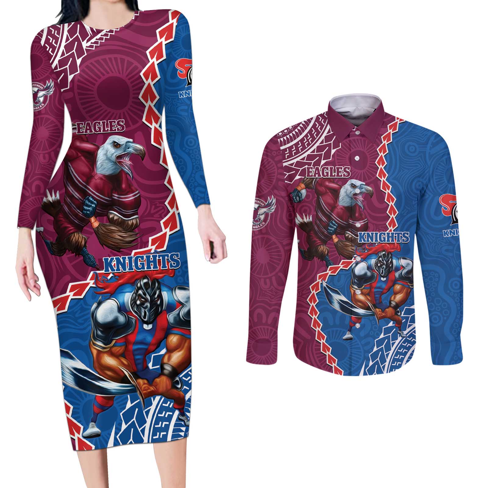 Personalised Eagles And Knights Rugby Couples Matching Long Sleeve Bodycon Dress and Long Sleeve Button Shirt Aboriginal Mix Polynesian Pattern