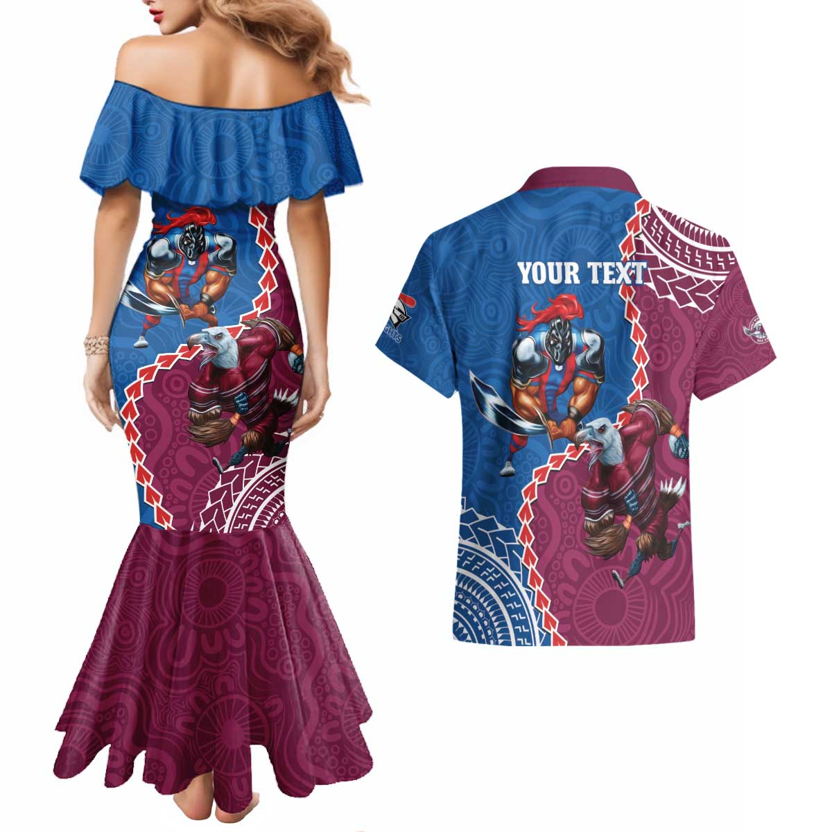 Personalised Eagles And Knights Rugby Couples Matching Mermaid Dress and Hawaiian Shirt Aboriginal Mix Polynesian Pattern