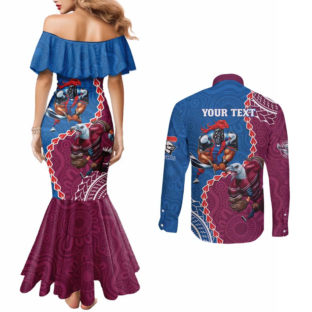 Personalised Eagles And Knights Rugby Couples Matching Mermaid Dress and Long Sleeve Button Shirt Aboriginal Mix Polynesian Pattern