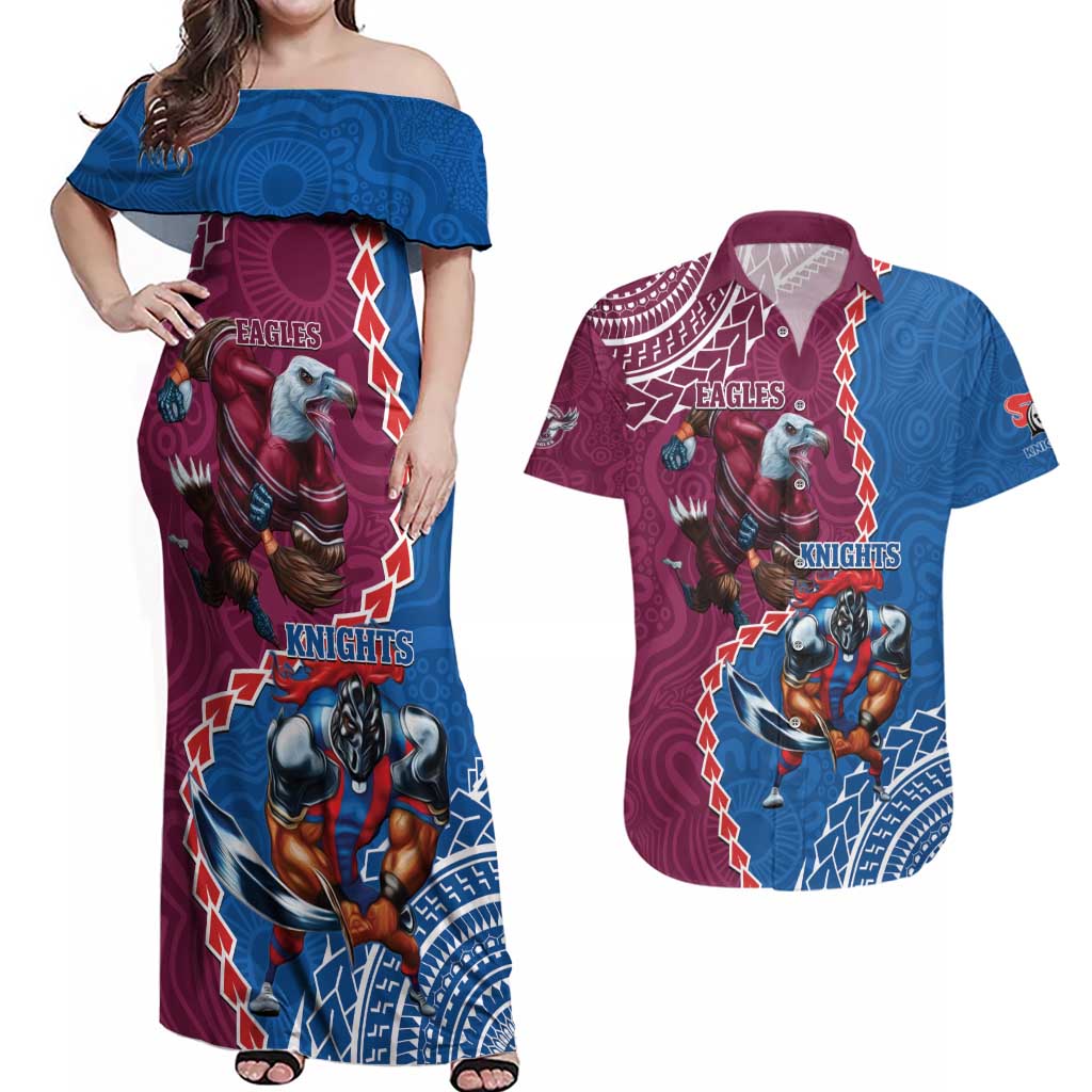 Personalised Eagles And Knights Rugby Couples Matching Off Shoulder Maxi Dress and Hawaiian Shirt Aboriginal Mix Polynesian Pattern