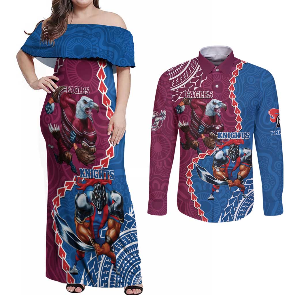 Personalised Eagles And Knights Rugby Couples Matching Off Shoulder Maxi Dress and Long Sleeve Button Shirt Aboriginal Mix Polynesian Pattern