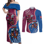 Personalised Eagles And Knights Rugby Couples Matching Off Shoulder Maxi Dress and Long Sleeve Button Shirt Aboriginal Mix Polynesian Pattern