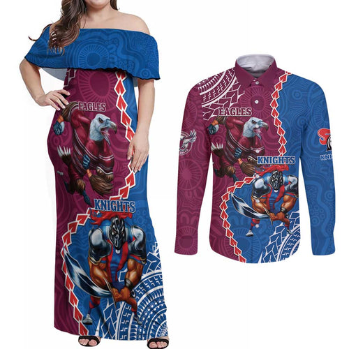 Personalised Eagles And Knights Rugby Couples Matching Off Shoulder Maxi Dress and Long Sleeve Button Shirt Aboriginal Mix Polynesian Pattern