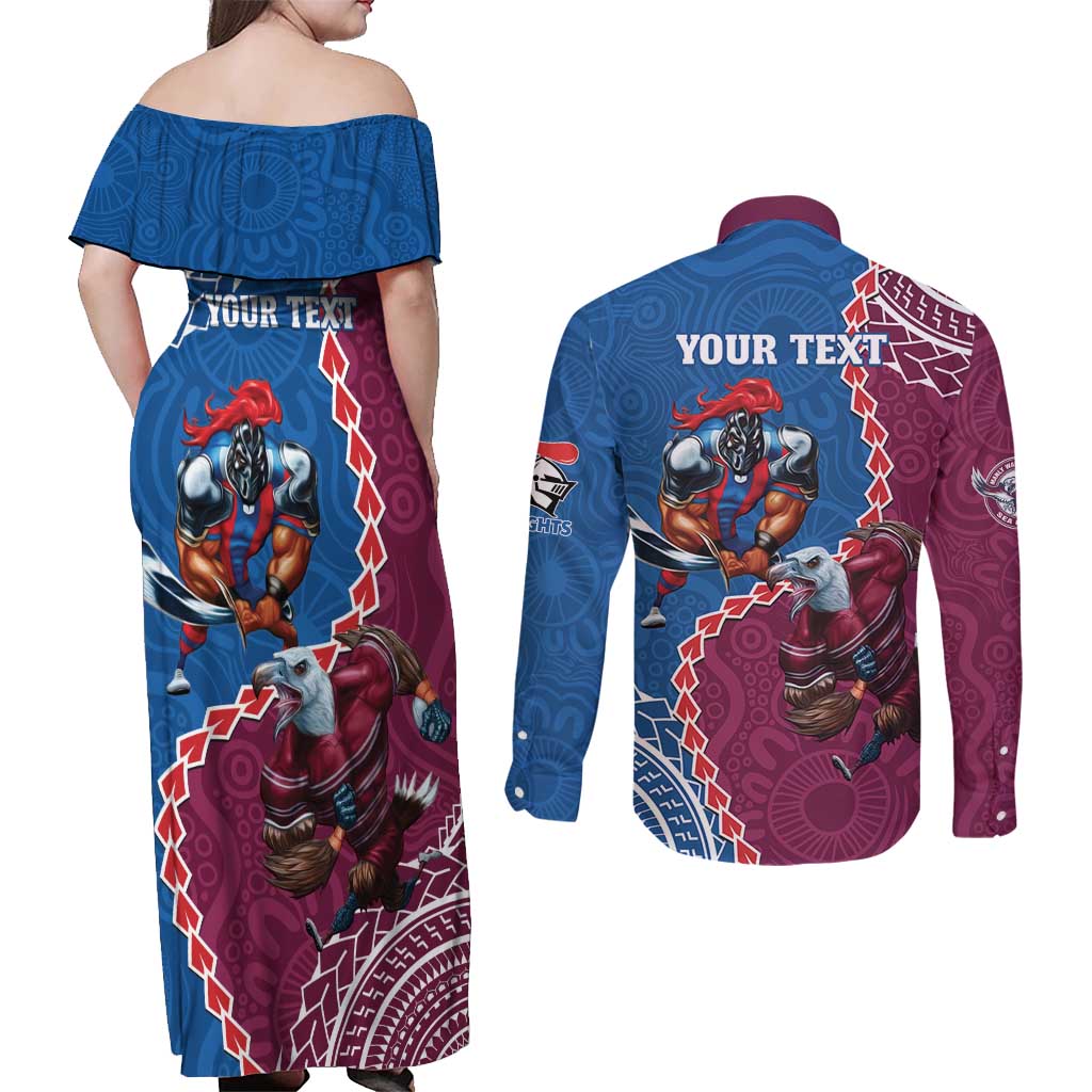 Personalised Eagles And Knights Rugby Couples Matching Off Shoulder Maxi Dress and Long Sleeve Button Shirt Aboriginal Mix Polynesian Pattern