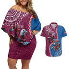 Personalised Eagles And Knights Rugby Couples Matching Off Shoulder Short Dress and Hawaiian Shirt Aboriginal Mix Polynesian Pattern