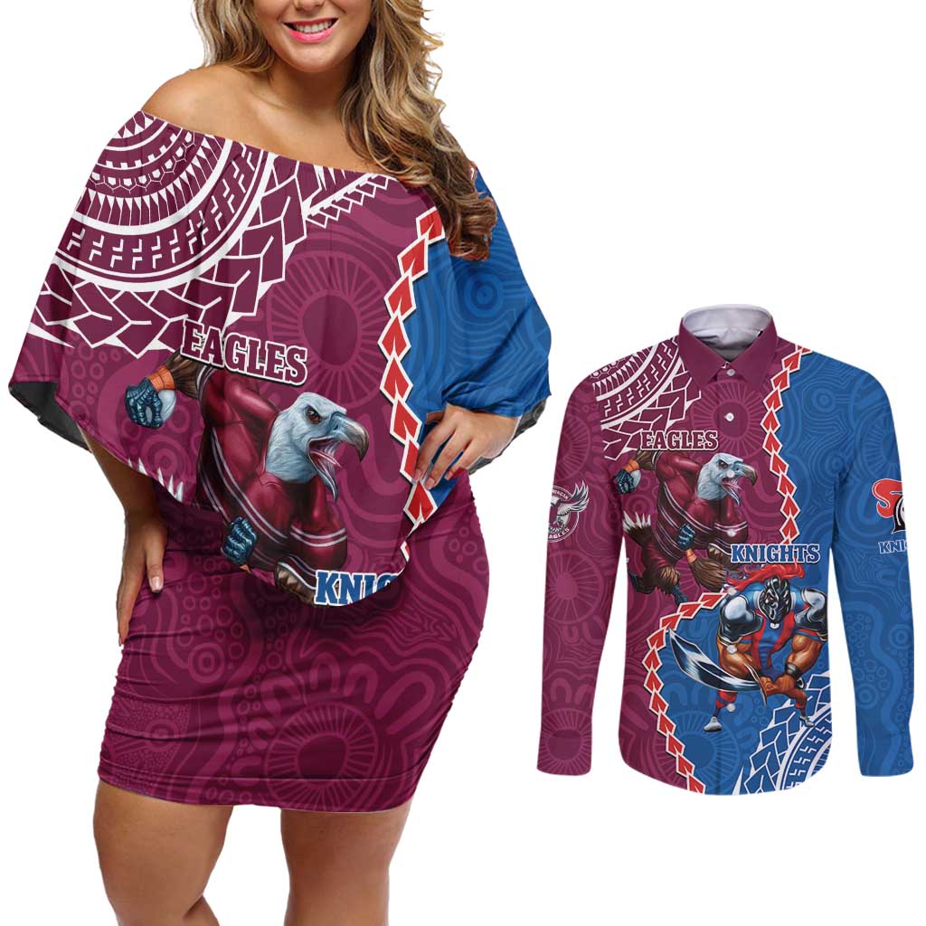 Personalised Eagles And Knights Rugby Couples Matching Off Shoulder Short Dress and Long Sleeve Button Shirt Aboriginal Mix Polynesian Pattern