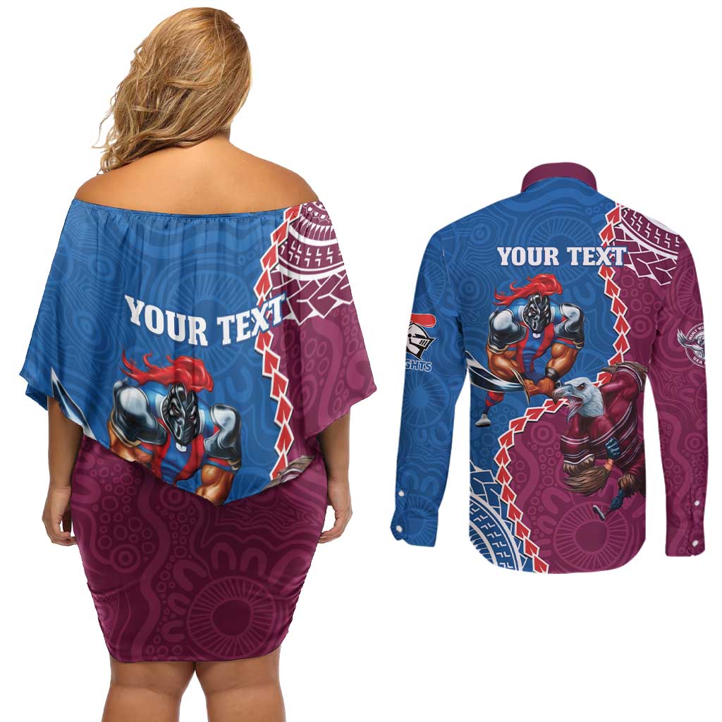Personalised Eagles And Knights Rugby Couples Matching Off Shoulder Short Dress and Long Sleeve Button Shirt Aboriginal Mix Polynesian Pattern