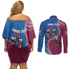 Personalised Eagles And Knights Rugby Couples Matching Off Shoulder Short Dress and Long Sleeve Button Shirt Aboriginal Mix Polynesian Pattern