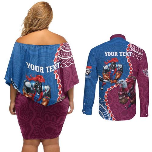 Personalised Eagles And Knights Rugby Couples Matching Off Shoulder Short Dress and Long Sleeve Button Shirt Aboriginal Mix Polynesian Pattern