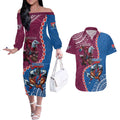 Personalised Eagles And Knights Rugby Couples Matching Off The Shoulder Long Sleeve Dress and Hawaiian Shirt Aboriginal Mix Polynesian Pattern