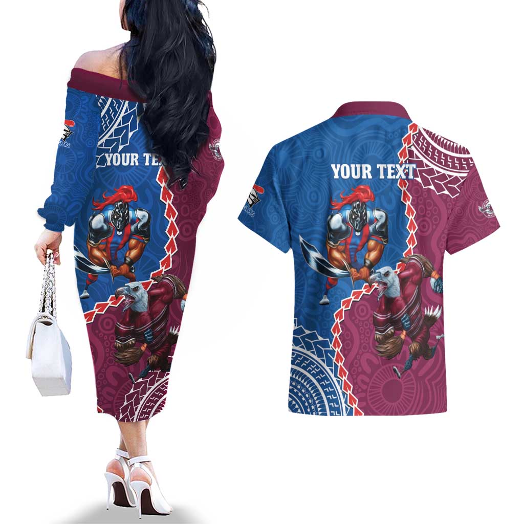 Personalised Eagles And Knights Rugby Couples Matching Off The Shoulder Long Sleeve Dress and Hawaiian Shirt Aboriginal Mix Polynesian Pattern