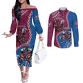 Personalised Eagles And Knights Rugby Couples Matching Off The Shoulder Long Sleeve Dress and Long Sleeve Button Shirt Aboriginal Mix Polynesian Pattern