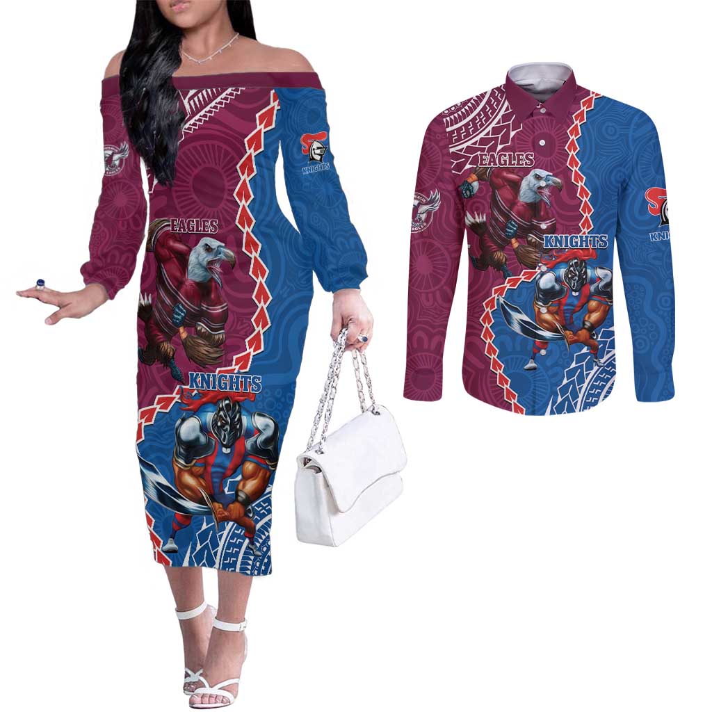 Personalised Eagles And Knights Rugby Couples Matching Off The Shoulder Long Sleeve Dress and Long Sleeve Button Shirt Aboriginal Mix Polynesian Pattern