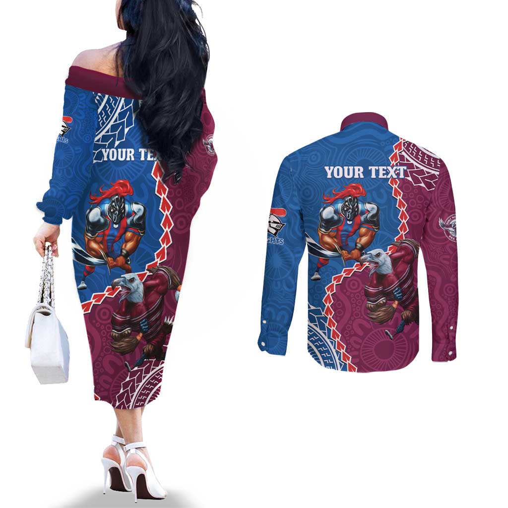 Personalised Eagles And Knights Rugby Couples Matching Off The Shoulder Long Sleeve Dress and Long Sleeve Button Shirt Aboriginal Mix Polynesian Pattern