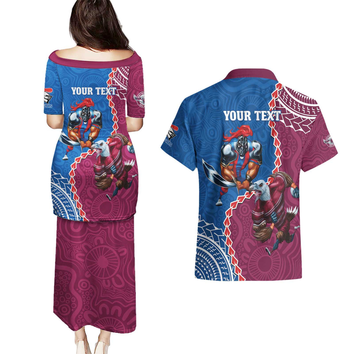 Personalised Eagles And Knights Rugby Couples Matching Puletasi and Hawaiian Shirt Aboriginal Mix Polynesian Pattern