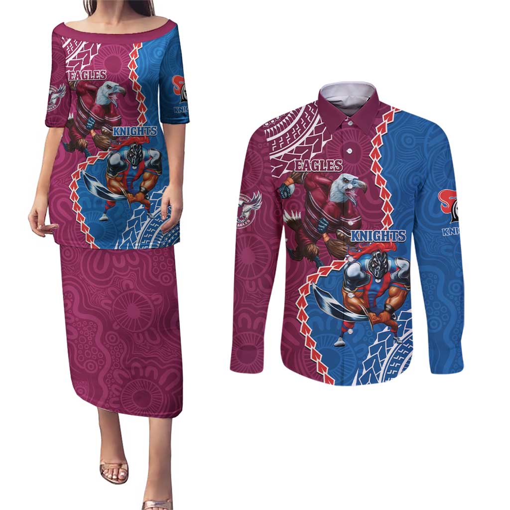 Personalised Eagles And Knights Rugby Couples Matching Puletasi and Long Sleeve Button Shirt Aboriginal Mix Polynesian Pattern