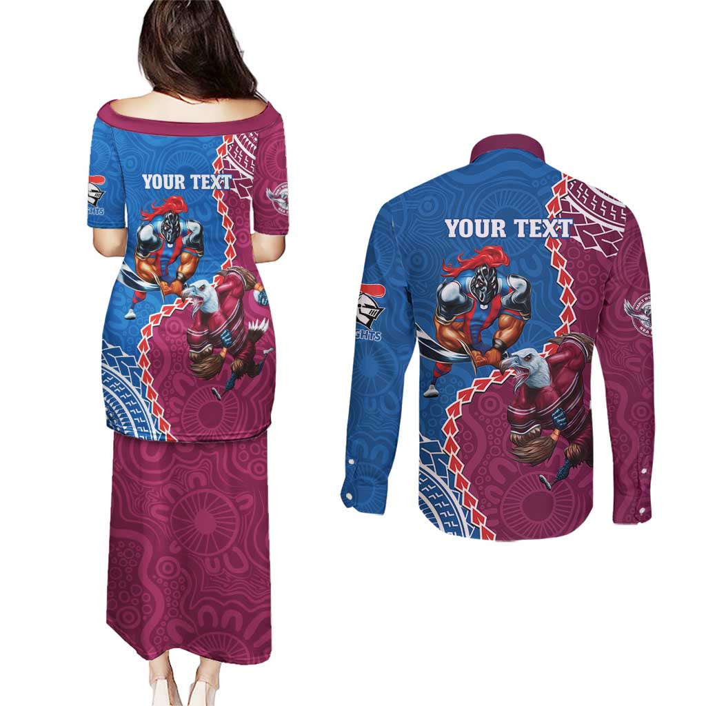 Personalised Eagles And Knights Rugby Couples Matching Puletasi and Long Sleeve Button Shirt Aboriginal Mix Polynesian Pattern