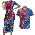 Personalised Eagles And Knights Rugby Couples Matching Short Sleeve Bodycon Dress and Hawaiian Shirt Aboriginal Mix Polynesian Pattern