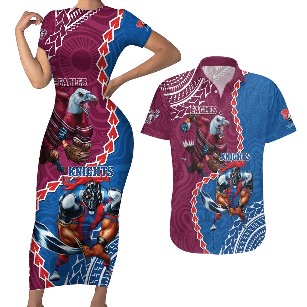 Personalised Eagles And Knights Rugby Couples Matching Short Sleeve Bodycon Dress and Hawaiian Shirt Aboriginal Mix Polynesian Pattern