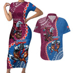Personalised Eagles And Knights Rugby Couples Matching Short Sleeve Bodycon Dress and Hawaiian Shirt Aboriginal Mix Polynesian Pattern