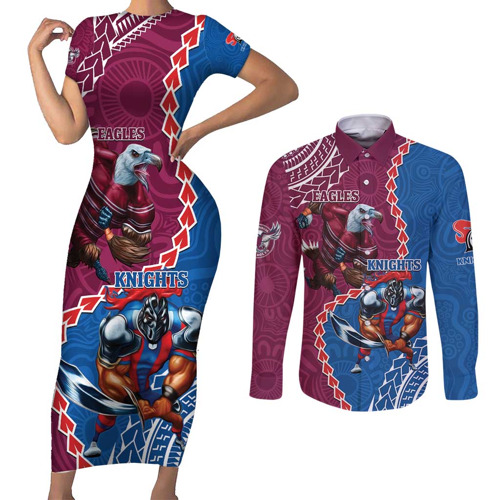Personalised Eagles And Knights Rugby Couples Matching Short Sleeve Bodycon Dress and Long Sleeve Button Shirt Aboriginal Mix Polynesian Pattern