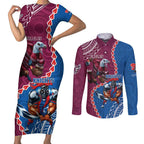 Personalised Eagles And Knights Rugby Couples Matching Short Sleeve Bodycon Dress and Long Sleeve Button Shirt Aboriginal Mix Polynesian Pattern