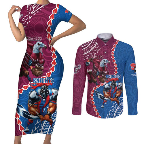 Personalised Eagles And Knights Rugby Couples Matching Short Sleeve Bodycon Dress and Long Sleeve Button Shirt Aboriginal Mix Polynesian Pattern