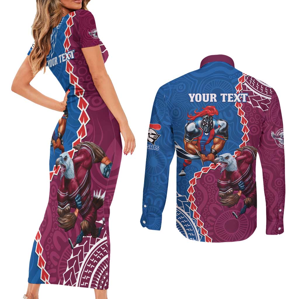 Personalised Eagles And Knights Rugby Couples Matching Short Sleeve Bodycon Dress and Long Sleeve Button Shirt Aboriginal Mix Polynesian Pattern