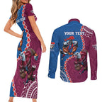 Personalised Eagles And Knights Rugby Couples Matching Short Sleeve Bodycon Dress and Long Sleeve Button Shirt Aboriginal Mix Polynesian Pattern