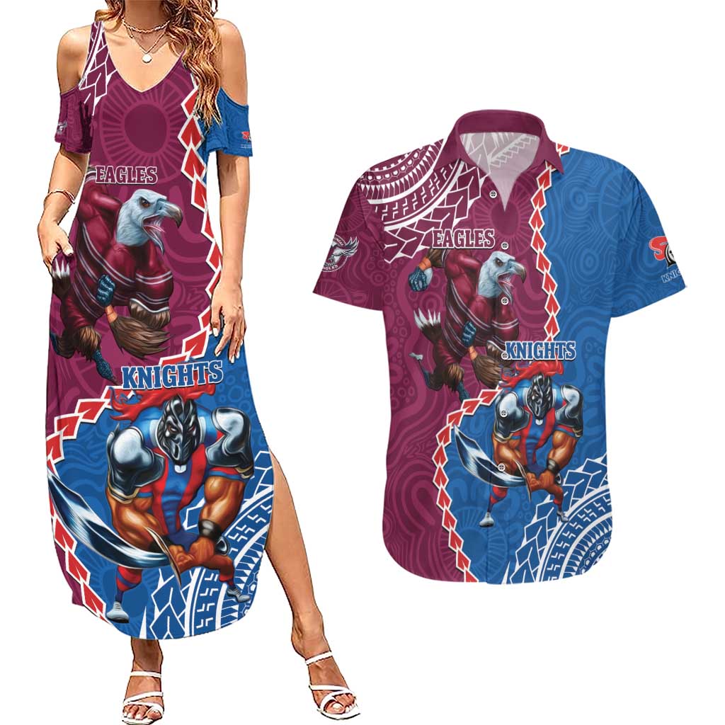 Personalised Eagles And Knights Rugby Couples Matching Summer Maxi Dress and Hawaiian Shirt Aboriginal Mix Polynesian Pattern