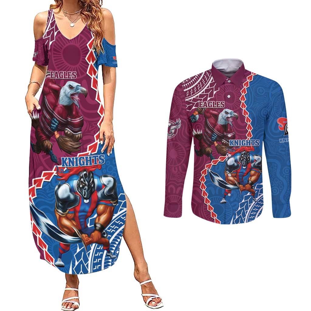 Personalised Eagles And Knights Rugby Couples Matching Summer Maxi Dress and Long Sleeve Button Shirt Aboriginal Mix Polynesian Pattern