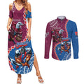 Personalised Eagles And Knights Rugby Couples Matching Summer Maxi Dress and Long Sleeve Button Shirt Aboriginal Mix Polynesian Pattern