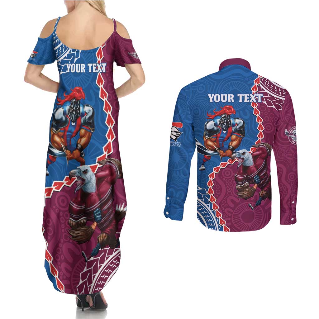 Personalised Eagles And Knights Rugby Couples Matching Summer Maxi Dress and Long Sleeve Button Shirt Aboriginal Mix Polynesian Pattern