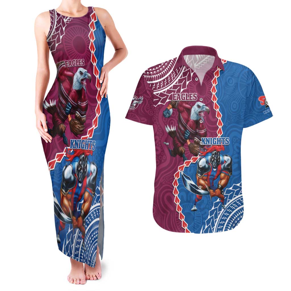 Personalised Eagles And Knights Rugby Couples Matching Tank Maxi Dress and Hawaiian Shirt Aboriginal Mix Polynesian Pattern