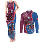 Personalised Eagles And Knights Rugby Couples Matching Tank Maxi Dress and Long Sleeve Button Shirt Aboriginal Mix Polynesian Pattern